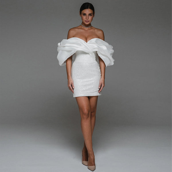 Short Wedding Dress for Bride Off the Shoulder Mini Gown Sheath Backless Glitter Bridal Dress